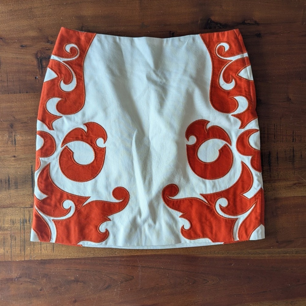 Anthro Vanessa Virginia Mini Skirt White Orange Applique Scroll Sz 6 Bright Mod